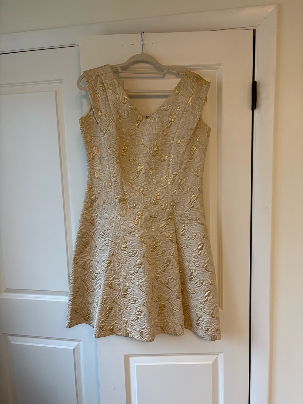 Vintage Ivory Gold Embroidered V-Neck Fit & Flare Dress